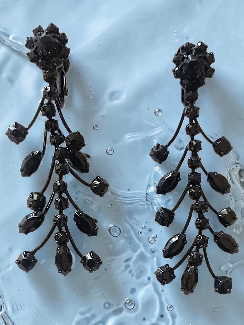 Art Deco JET Black Rhinestone Chandelier Earrings Sparkly Dangle Victorian Vtg
